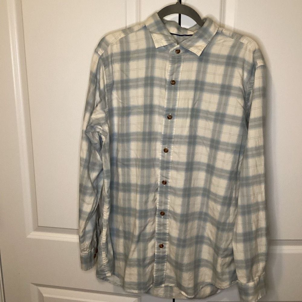Mens Orvis long sleeved‎ button up shirt large white blue gray